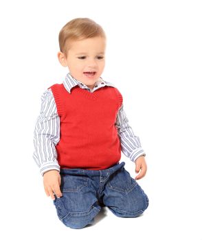 Cute caucasian toddler having fun. All isolated on white background.