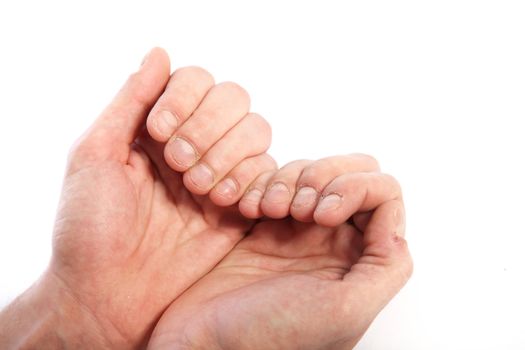 Close up shot of human hands over the white background