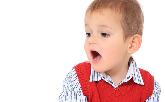 Cute caucasian toddler looking to the side. All isolated on white background. Extra copy space on left side.