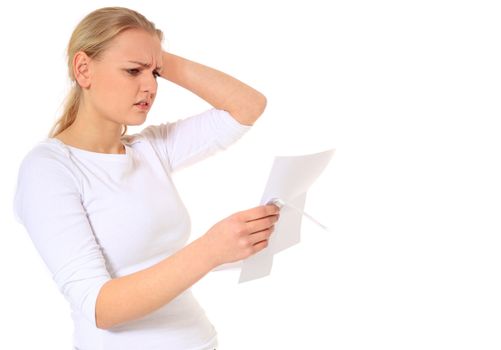 Attractive blond woman getting bad news. All on white background.