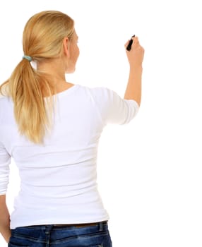 Attractive blond woman using marker. All on white background.