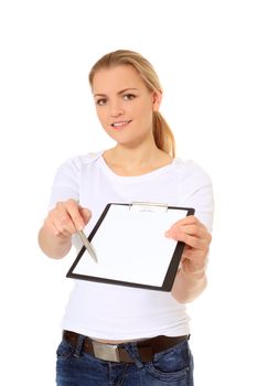 Attractive blond woman doing a signature campaign. All on white background.