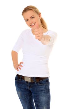 Attractive blond woman making thumbs up sign. All on white background.