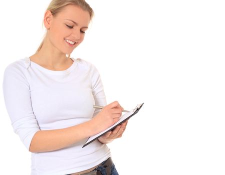 Attractive blond woman doing a signature campaign. All on white background.