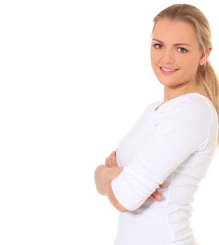 Attractive blond woman. Extra copy space on left side. All on white background.