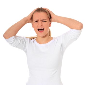 Attractive blond woman shouting out loud. All on white background.