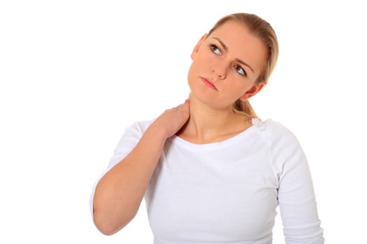 Attractive blond woman suffering from neck pain. All on white background.
