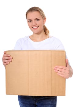 Attractive blond woman carrying moving box. All on white background.