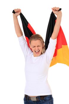 Cheering blond woman with german flag. All on white background.