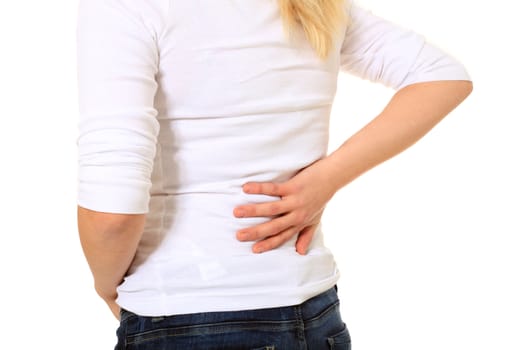 Female person suffering from backache. All on white background.