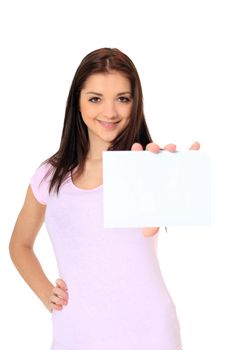 Attractive young scandinavian woman holding white card. Extra text space on white card. All on white background