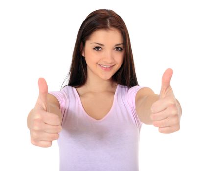 Attractive teenage girl making positive gesture. All on white background.