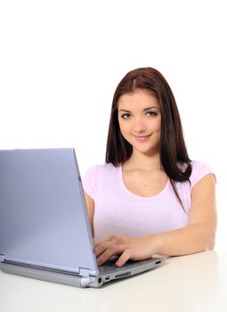 Attractive teenage girl got a problem with her computer. All on white background.