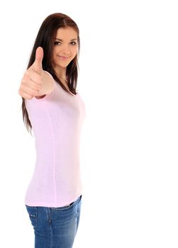 Attractive teenage girl making positive gesture. All on white background.