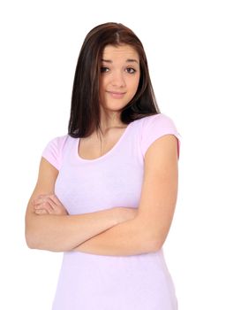 Attractive teenage girl with doubtful look. All on white background.