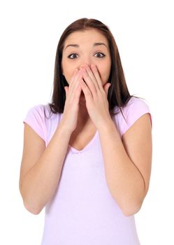 Attractive teenage girl being surprised. All on white background.