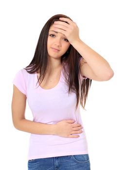 Attractive teenage girl feeling unwell. All on white background.