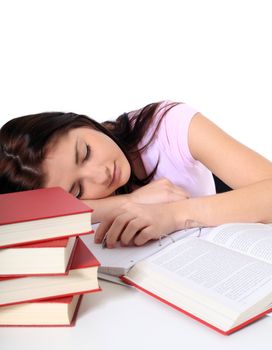 Attractive young woman is taking a nap on her study documents. All on white background.