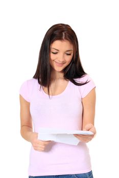 Attractive teenage girl getting good news. All on white background.