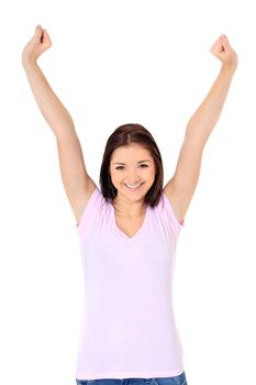 Attractive teenage girl cheering. All on white background.