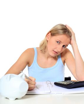 Attractive young scandinavian woman being shocked of high tuition fees. All on white background.