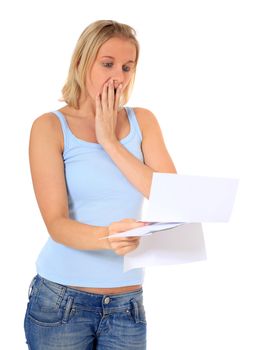 Attractive young scandinavian woman getting bad news. All on white background.