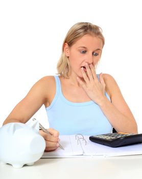 Attractive young scandinavian woman being shocked of high tuition fees. All on white background.