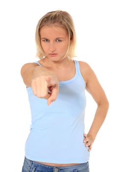 Attractive young scandinavian woman pointing with finger. All on white background.