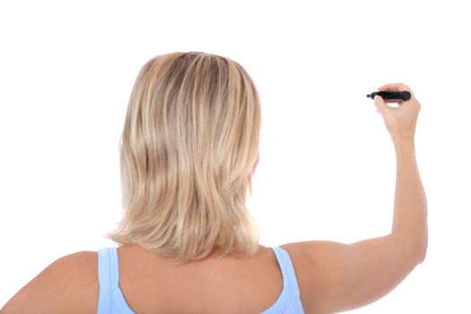 Attractive young scandinavian woman using black marker. All on white background