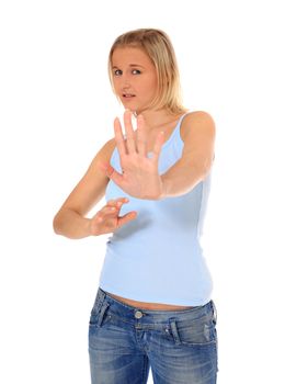 Attractive young scandinavian woman with repelling gesture. All on white background.