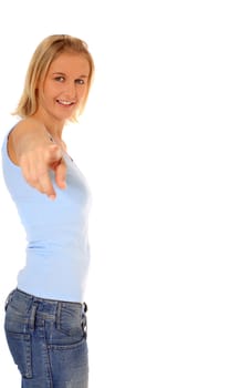 Attractive young scandinavian woman pointing at someone. All on white background.