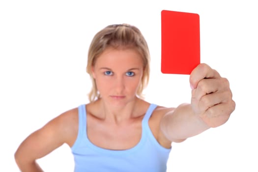 Attractive young scandinavian woman showing red card. Selective focus on hand in foreground. All on white background.