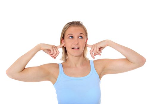 Attractive young scandinavian woman suffering from noise. All on white background.