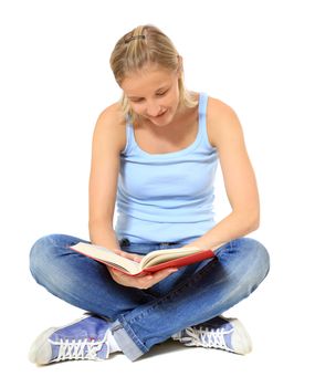 Attractive young scandinavian woman reading a book. All on white background.