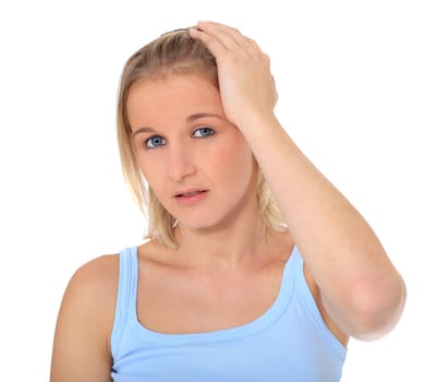 Attractive young scandinavian woman suffering from a headache. All on white background.