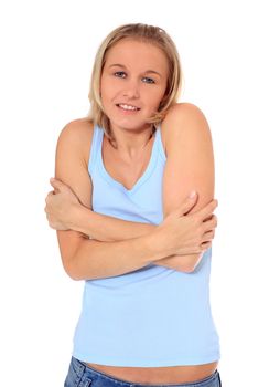 Attractive young scandinavian woman freezing. All on white background.