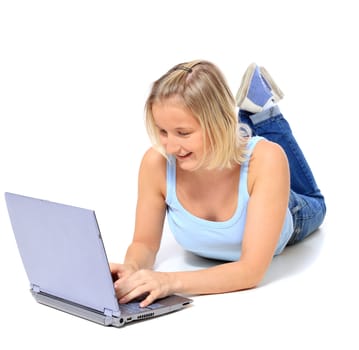 Attractive young scandinavian woman using notebook computer. All on white background.