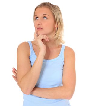 Attractive young scandinavian woman deliberates a decision. All on white background.