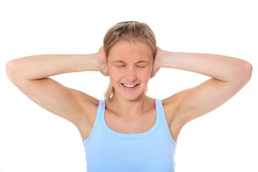 Attractive young scandinavian woman suffering from noise. All on white background.