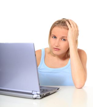 Attractive young scandinavian woman in desperate mood using notebook computer. All on white background.
