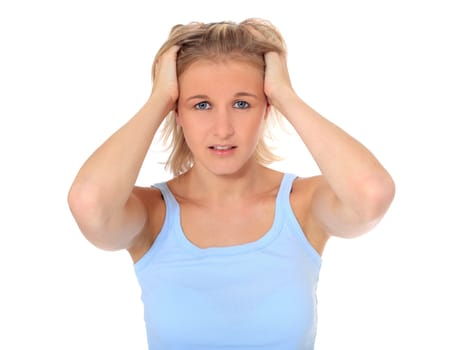 Attractive young scandinavian woman in desperate mood. All on white background.