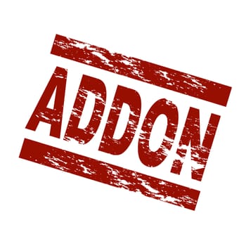 Stylized red stamp showing the term addon. All on white background.