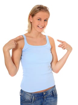 Attractive young scandinavian woman pointing at herself. All on white background.