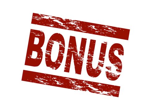Stylized red stamp showing the term bonus. All on white background.