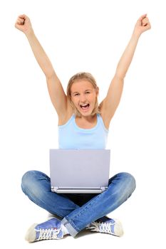 Cheering young scandinavian woman using notebook computer. All on white background.
