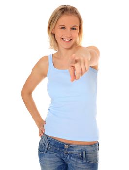 Attractive young scandinavian woman pointing with finger. All on white background.