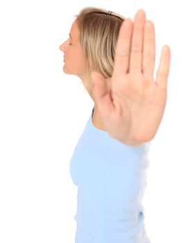 Attractive young scandinavian woman with repelling gesture. All on white background.