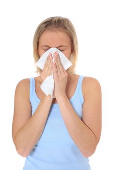 Attractive young scandinavian woman got a cold. All on white background.