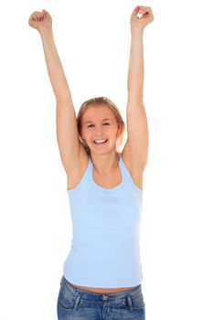 Cheering young scandinavian woman. All on white background.