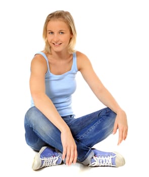 Attractive scandinavian girl sitting on floor. All on white background.